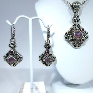 Sarda Sterling Silver Ruby MOP Qz Triplet & Rhodolite Garnet Earrings & Pendant - Picture 1 of 11