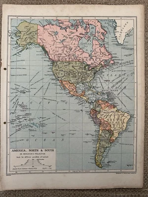 América del Norte y del Sur - Mapa Atlas antiguo década de 1930 - Geografía Foto 1 de 4