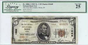 1929 $5 Small Size National Bank Note, 1st Natl. Bank Idaho Boise, ID Legacy 25 - Picture 1 of 2