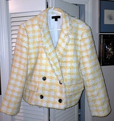 Ann Taylor Blazer Jacket Yellow Wht 12 Plaid houndstooth tweed D Breasted Fringe - Image 1 of 4