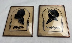 Antique Pair of Reverse Silhouette Convex Glass George Martha Washington Pics - Picture 1 of 7