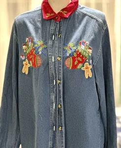 Bobbie Brooks Camicia Denim Applique Natale Pupazzo di Neve Agrifoglio Vintage 16/18W Bottone Y2K - Foto 1 di 11