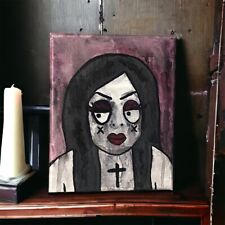 Goth Girl Red Lipstick Original painting Dark Art on Canvas Gothic Cross 8x10