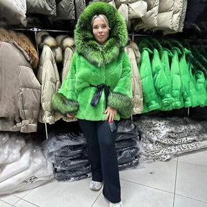 Winter Cape Women's Hooded Real Rex Rabbit Fur Ponchon Coat Mid-Length Outwear - Picture 1 of 5