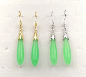 Light Green Purple Jade Black Agate Long Water Drop 925 Silver Hook Earrings - Picture 1 of 57