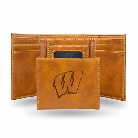 Wisconsin Badgers Laser Engraved Brown Synthetic Leather Trifold Wallet Cover