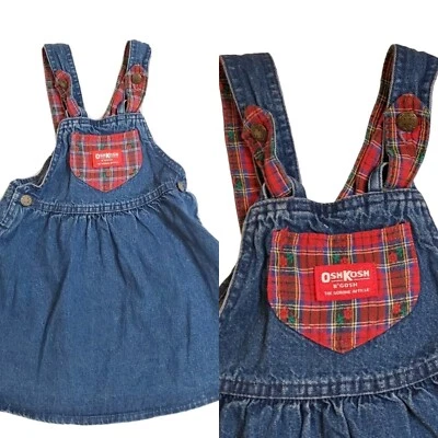 VTG Oshkosh Girls 4 Denim Jumper Overall Dress Blue Red Bow Floral Plaid USA - Image 1 of 4