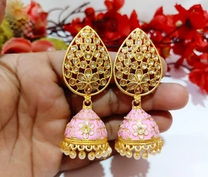 Kundan Pink Meenakari Jhumki Earrings Pierced Gold Plated Wedding Bridal Jewelry - Picture 1 of 4