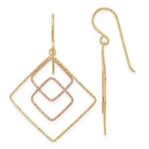 14K Solid Two Tone Gold Graduated Square Dangle Earrings - Picture 1 of 4