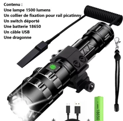 INTHETARGET Lampe tactique 1500 lumens rechargeable par USB avec attache rail picatinny