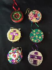 Lot of 6 Handmade Beaded Sequin Push Pin Christmas Ornaments Rounds