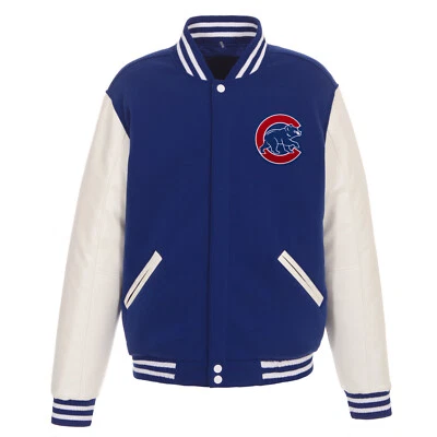 MLB Chicago Cubs Reversible Fleece Jacket PVC Sleeves 2 Front Patch Logos JHD - Image 1 of 4
