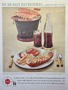 Barbacoa de mariscos Coca-Cola tamaño king Coke Hibachi langosta anuncio impreso vintage 1960 - Imagen 1 de 4