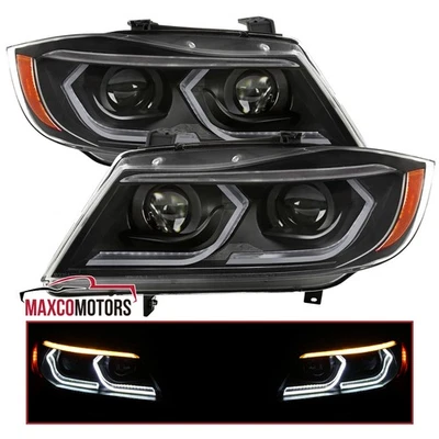 Black Projector Headlights Fits 2006-2011 BMW E90/91 325i 328i Sedan Dual 3D LED - Image 1 of 4