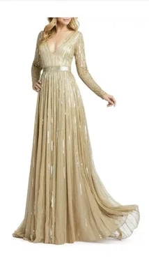 MAC DUGGAL 4977 珠片 V 领 ILLUSIONS A-LINE TAUPE GOWN 尺寸 12 — 第 1/4 张图片