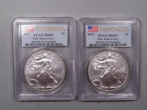 2-2011 Silver American Eagle 25th Anniv. PCGS MS69 FS Flag Label. #23 - Picture 1 of 7