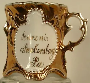 SOUVENIR PARKERSBURG PARKESBURG PA PORZELLAN TASSE GOLD WEISS UM 1910 - Bild 1 von 4