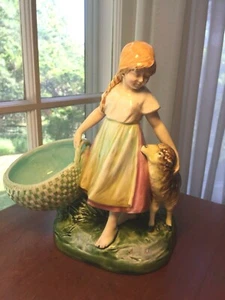 French Art Nouveau Majolica Girl with Lamb and Basket Figural Spill holder - Picture 1 of 11