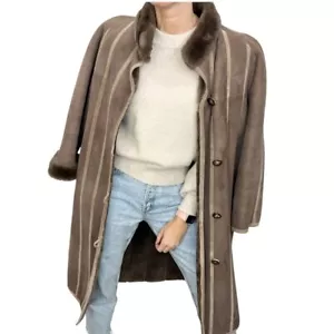 Vintage Sawyer of Napa California taupe brown shearling long winter overcoat - Picture 1 of 16