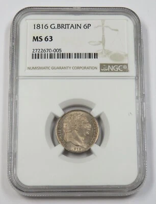 Монета 6 пенсов 1816 NGC MS63 | ВЕЛИКОБРИТАНИЯ #33342A - Изображение 1 из 2