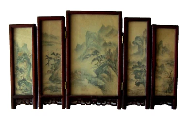 Mesa de seda china vintage pintada a mano pantalla plegable paisaje escénico 5 paneles Foto 1 de 4