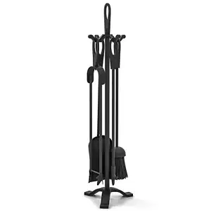 5 PCS Fireplace Tool Set with Poker Tongs Brush Shovel and Stand Handles - Picture 1 of 10