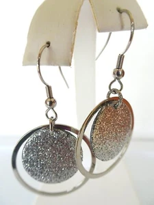 Light weight Steel and Silver Circle Sparkle Hanging Earrings - Picture 1 of 3