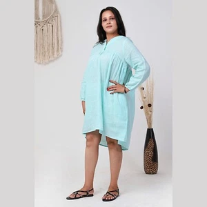 Women Sky Blue Linen Button-Down Cotton Flared Midi Dress, Full Sleeve One Piece - Bild 1 von 8