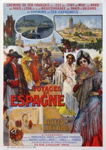 FOURQUERAY CHEMINS DE FER ESPAGNOLS VOYAGES EN ESPAGNE SEVILLA 1910 OLD POSTER - Picture 1 of 1