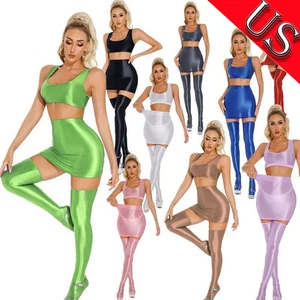 AU Womens Glossy Set U Neck Crop Top High Waist Hip Skirt Thigh High Stockings - Picture 1 of 124