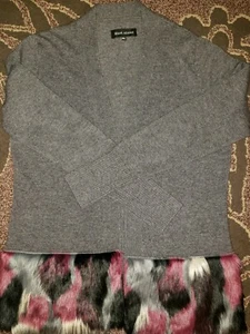 IZAAK AZANEI Gray Cashmere Wool Blend Open Cardigan Faux Fur Bottom Trim SZ M/L - Picture 1 of 7