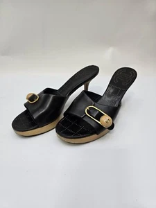 CHANEL MULES SANDAL, BLACK LEATHER WITH GOLD BUCKLE, SIZE 37.5 - Picture 1 of 17