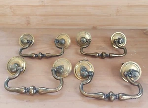 RECLAIMED 4 VINTAGE BRASS SWAN NECK DROP HANDLES WITH BACK PLATES -DRAW PULLS - Picture 1 of 4