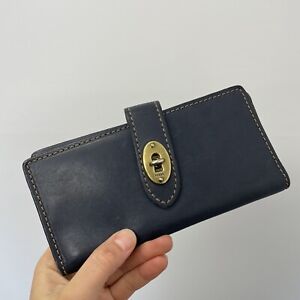 Fossil Navy Blue 100% Leather Rectangle Turn Lock Wallet Gold Tone Hardware