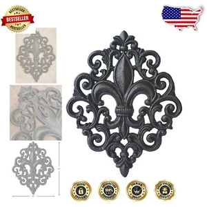 14" Antique Black Cast Iron Fleur De Lis Wall Plaque for Rustic Elegance - Picture 1 of 6