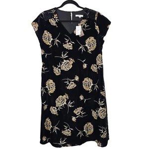 J Jill Small Petite Velvet Dress Black Cap Sleeve Dark Floral Lining Knee Length - Picture 1 of 9