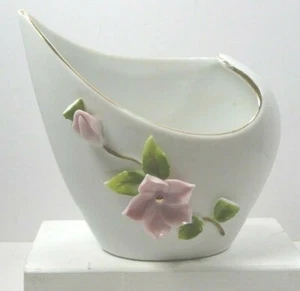 Lefton HP White Porcelain Vase Unusual Shape Applied Pink Roses Gold Trim - Picture 1 of 12