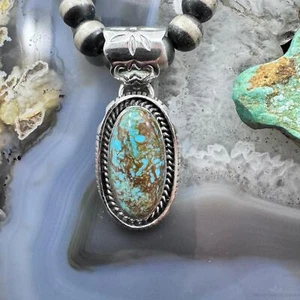Native American Sterling Silver Elongated Oval Turquoise Unisex Pendant #1 - Picture 1 of 10