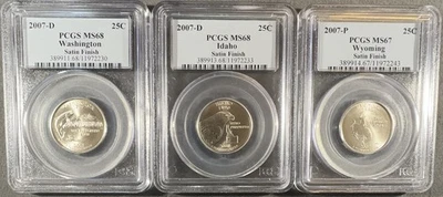 2007 Satin Finish State Quarters PCGS MS67–MS68 Lot: WA ID WY | 3-Coin Set - Image 1 of 2