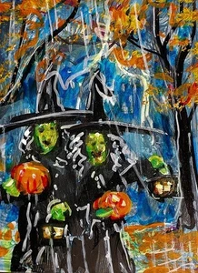 Original ACEO Painting WITCH Halloween Autumn Pumpkins Trees Rainstorm ATC ART - Picture 1 of 1