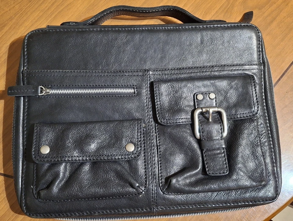 Vintage Fossil Briefcase Black Leather With Brown Plaid Interior - image 1 of 4