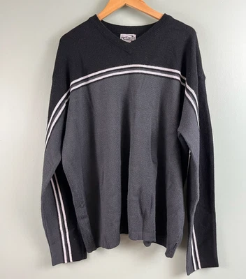 Vintage Obermeyer V-Neck Wool Black Striped Apres Ski Robert Pullover Sweater XL - Image 1 of 4