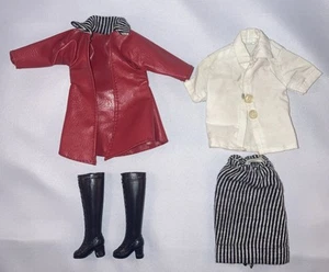 Vintage Barbie Puppe Clone MOD gestreift Rock Jacke Shirt Stiefel Mantel rot schwarz weiß - Bild 1 von 6