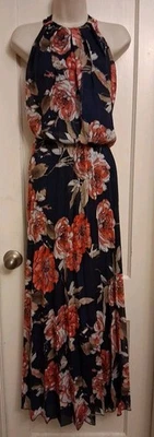 Maxi Vestido Largo Halter Bisou Bisou Michelle Bohbot Talla 10 Azul Marino Floral Plisado Foto 1 de 3