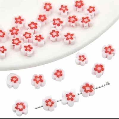 2 Strand Millefiori Lampwork Glass Red White Daisy Flower Beads 7~8mm 52pcs/Strd - Image 1 of 2