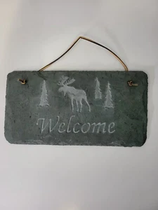WILLKOMMENSSCHILD hängend grau Schiefer geätzte Bäume Elch Hütte RUSTIKAL COTTAGE SEE - Bild 1 von 8