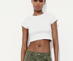 Zara Mid Weight Slim Fit Round Crew Neck Crop Short Sleeve T-Shirt Top Sz M NWT - Picture 1 of 6