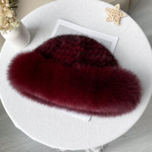 Women's Real Mink Fur Hat Knitted Cap Top Hat Bowler Hat Beanies Fox Fur Brim