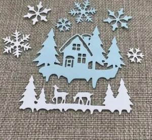Winterhaus Bäume Wald Hirsch Weihnachten Schneeflocken Schnee Metall stirbt dünn - Bild 1 von 2