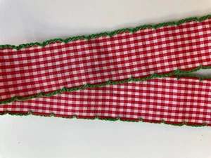 Embroidered green edge check red and white fabric ribbon 1" Christmas - Picture 1 of 2